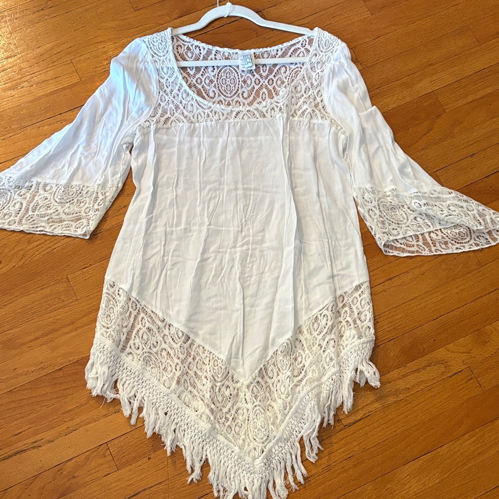 Boho Lace Fringe Tunic Top in White